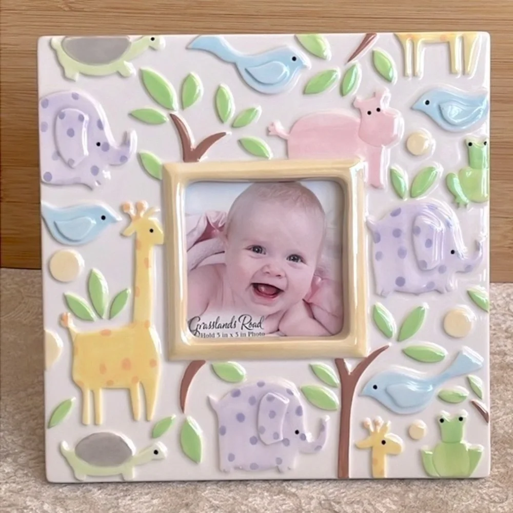Brand New Grasslands Road Pastel Jungle Animals Square Ceramic Baby Photo Frame